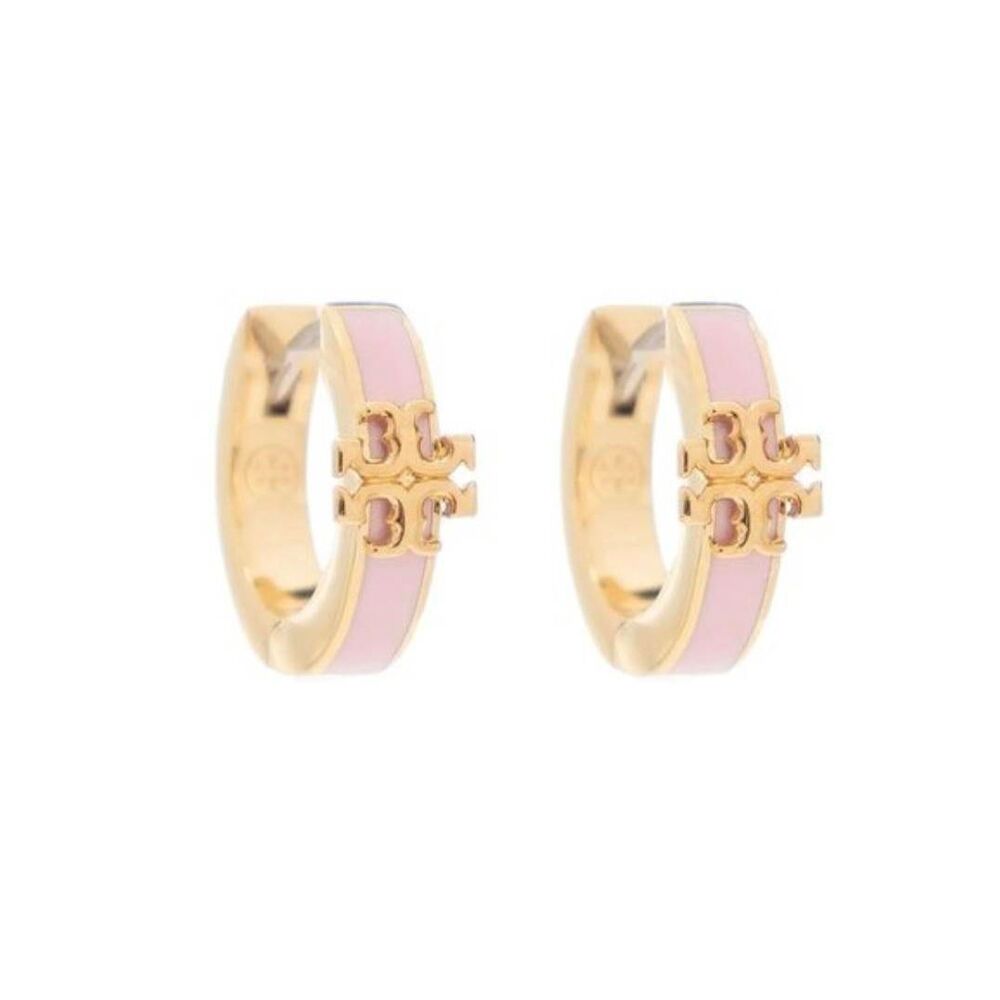 TORY BURCH Kira Logo Pink Enamel Hoop Earrings